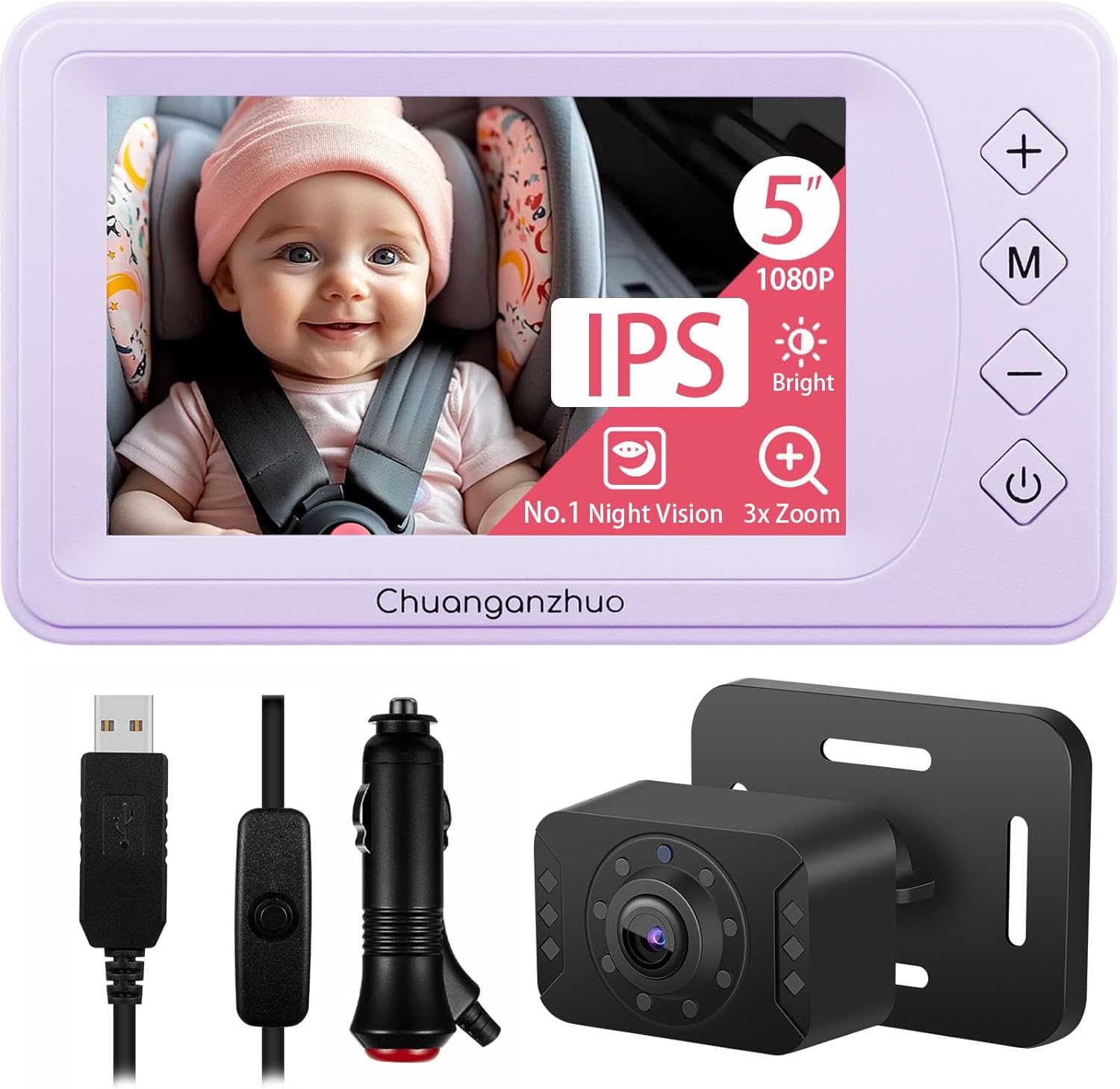Baby Car Camera with Advanced Crystal-Clear Night Vision, 3X Zoom, USB Powered, 5'' AHD 1080P IPS Car Baby Monitor, Backseat Camera for Kids Infants Rear Facing Mirror, 5inch, Purple