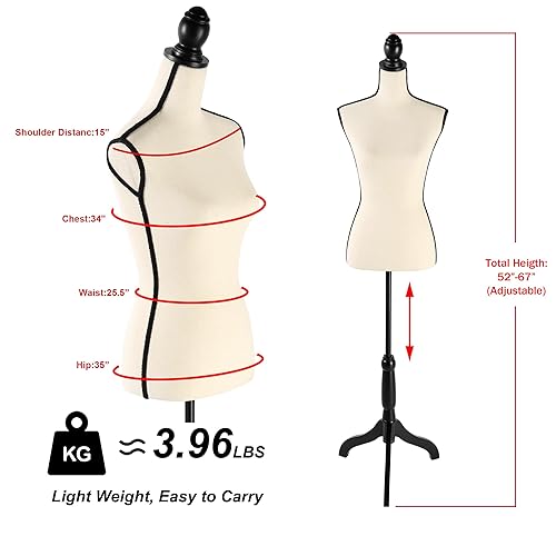 Miniatura 3 de HAORUI Maniquí femenino con forma de vestido torso, cuerpo de maniquí ajustable en altura con soporte de trípode resistente para exhibición de ropa