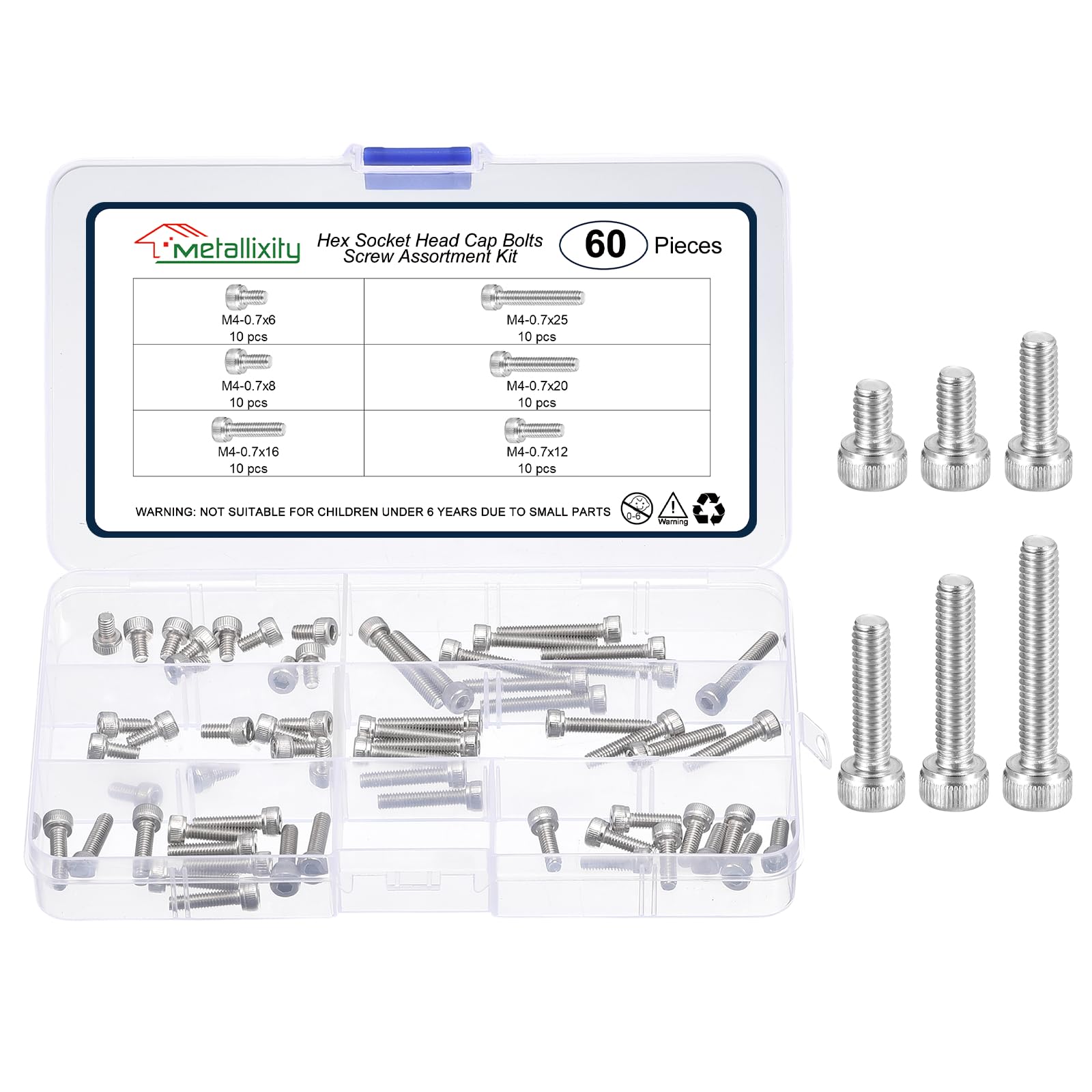 METALLIXITY Socket Head Cap Screws Kit (M4x6/8/12/16/20/25) 60Pcs, Stainless Steel Allen Socket Drive - Machine Internal Hex Screw, Silver โ image 1