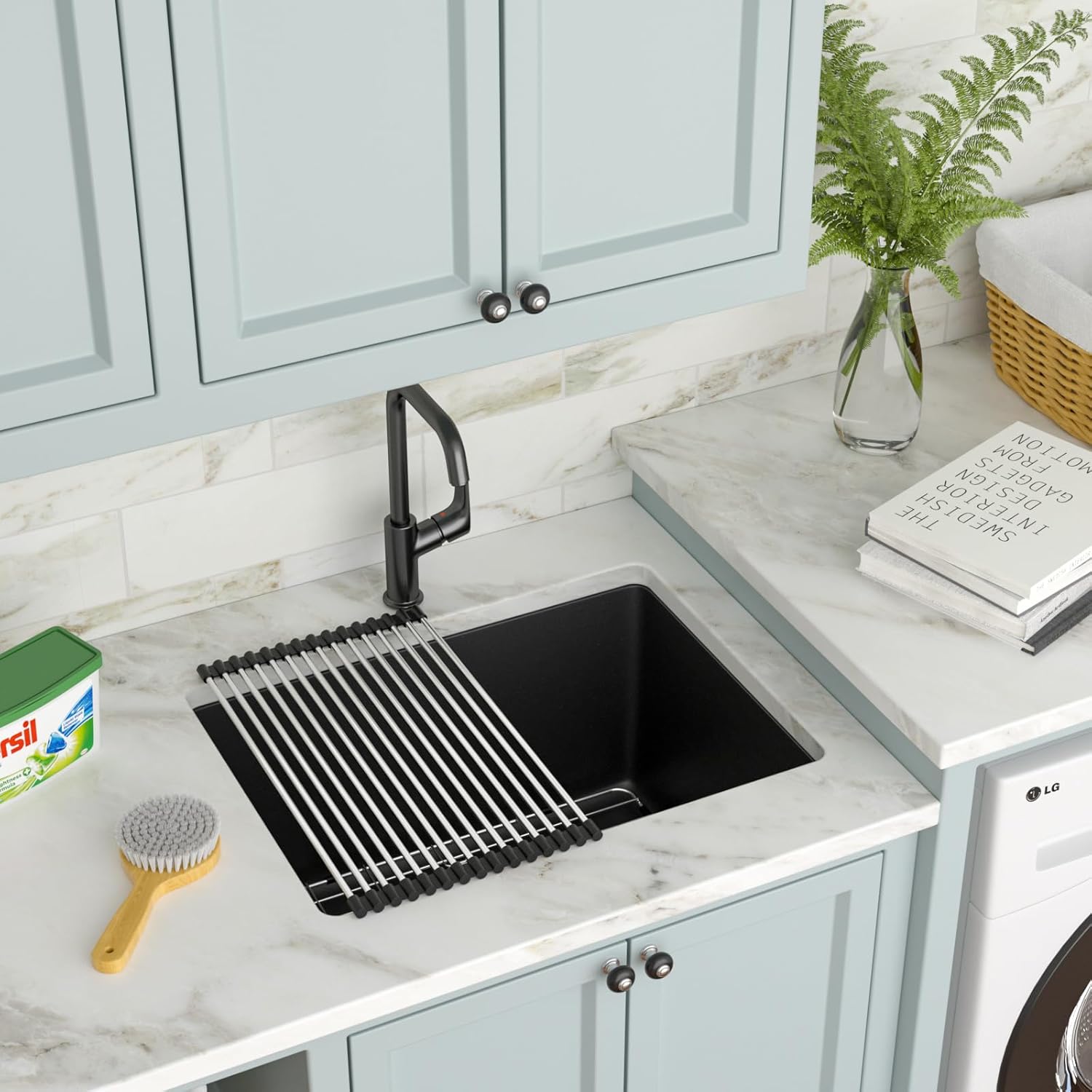 24 x 18 Inch Black Undermount Laundry Sink Granite Composite Quartz Single Bowl Under Counter Large Deep Classic Sink Basin,24"x18"x12"