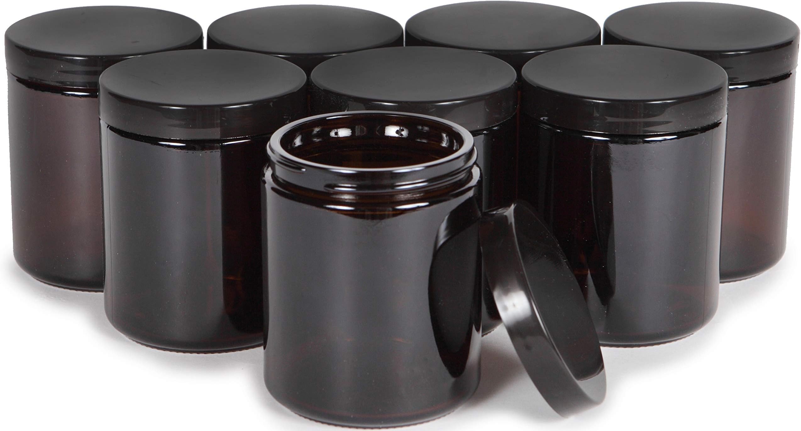 Amber, 8 ounce, Round Glass Jars, with Black Lids - 8 pack