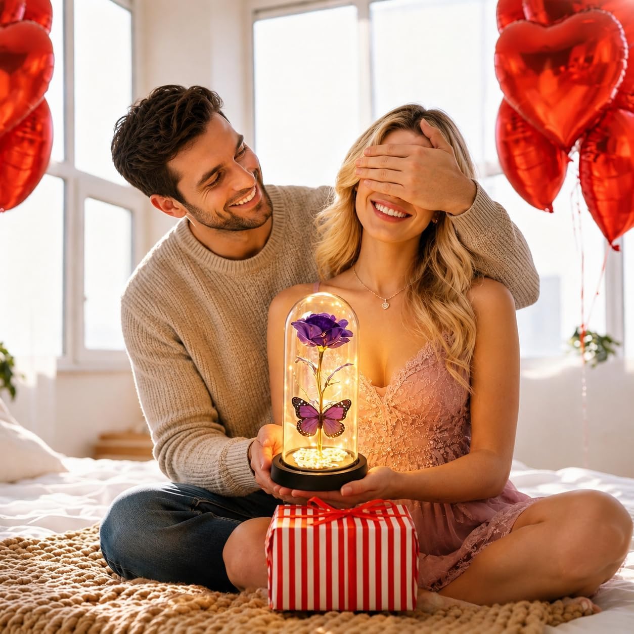 Preserved Rose in Glass Dome Butterfly, Preserved Flower Gift for Mom, Daughter, Grandma, Best Friend Eternal Rose with LED Light, Birthday Mother's Day Wedding Gift for Women, Purple