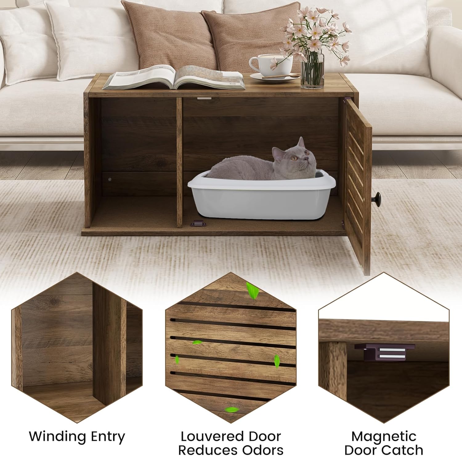 Giantex Cat Litter Box Enclosure - Litter Box Hidden Furniture with Louvered Door, Front Entry, Storage Cabinet, Farmhouse Wooden Cat Washroom Pet House Coffee Table, Fit Most of Litter Box, Brown