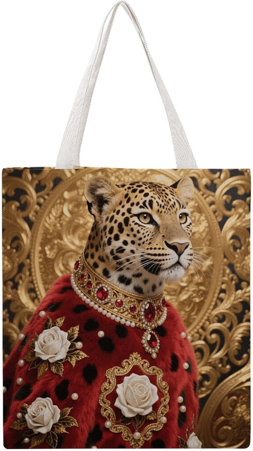 Canvas Tote Bag 16x15 In Lightweight Foldable Shoulder Hobo Purse | Red Rose Cheetah, Casual Tote with 10" Strap, Everyday Carryall, for Travel Work Grocery Shopping Beach Mark Gym Yoga