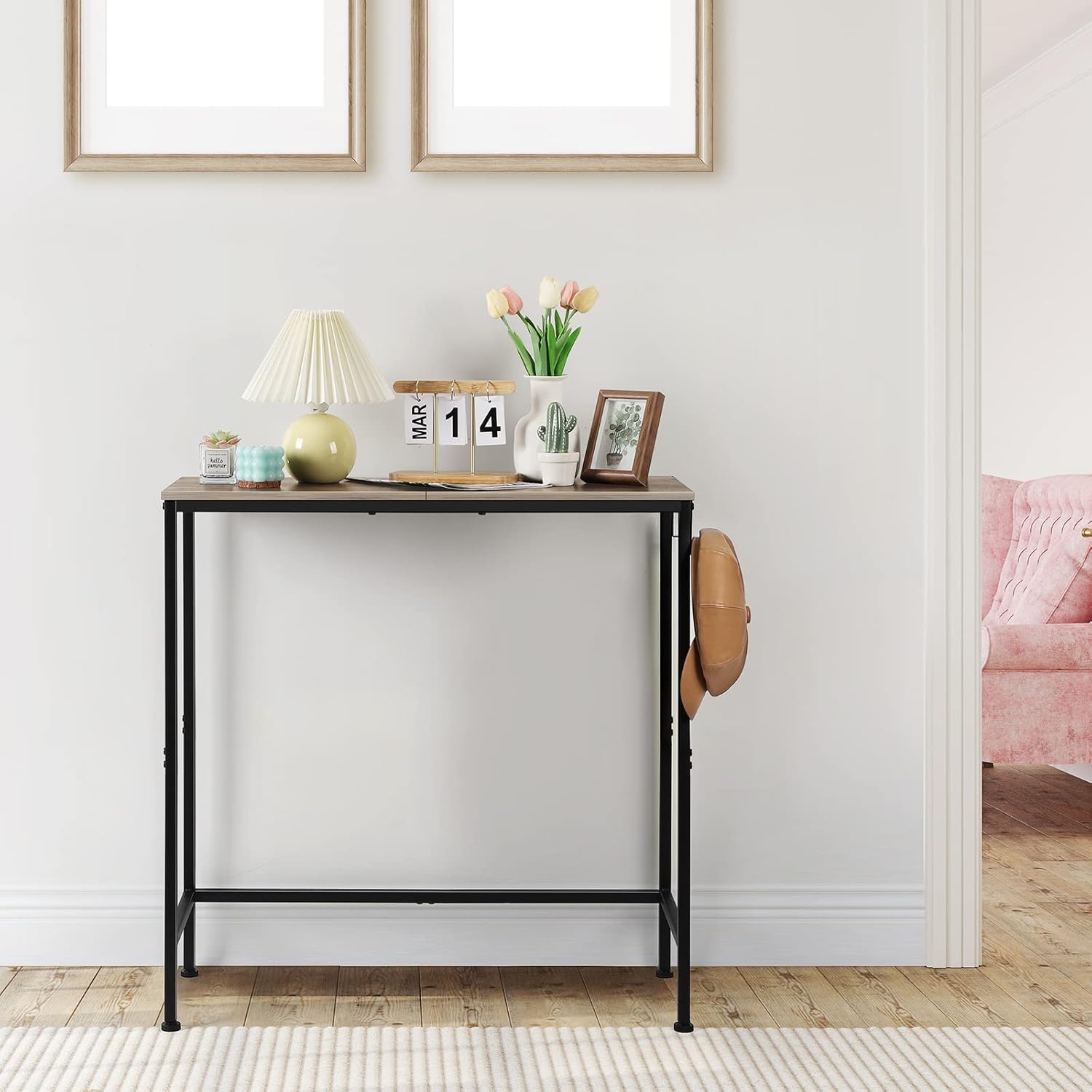 NOVIMANGO Console Table for Entryway Narrow Long Sofa Table 31.5" Small Entryway Table with Hooks Skinny Hallway Table Metal Couch Table Behind Sofa for Living Room, Hallway, Foyer, Bedroom, Grey