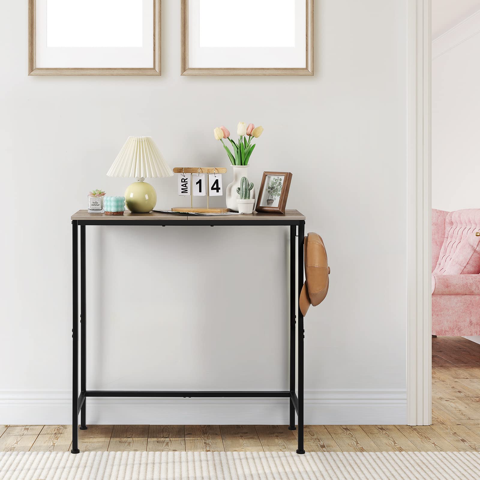 Mesa consola para entrada, mesa de sofá larga estrecha de 31.5 pulgadas, mesa de entrada pequeña con ganchos, mesa de pasillo delgada de metal, mesa de sofá detrás del sofá para sala de 7