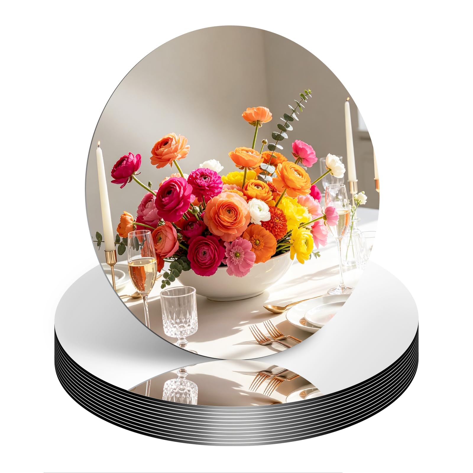 Centros de mesa de acrílico con espejo circular para decoración de mesas de boda