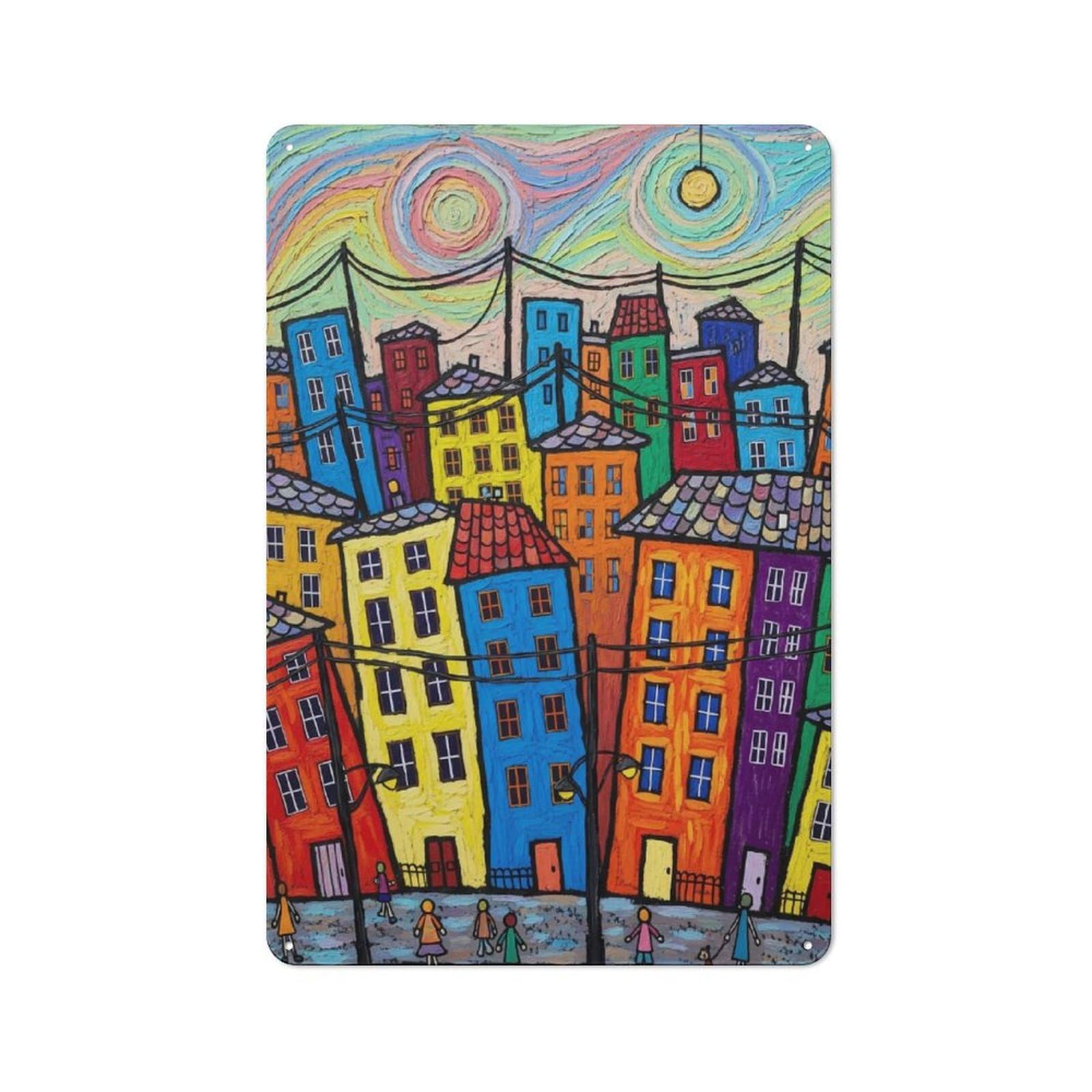 Junmoney Colorful Whimsical Cityscape Painting Decorative Tin Sign 30X20cm, Old Fashioned Old Style Wall Plaque For Lounge, Study, Pub Or Wall Gallery