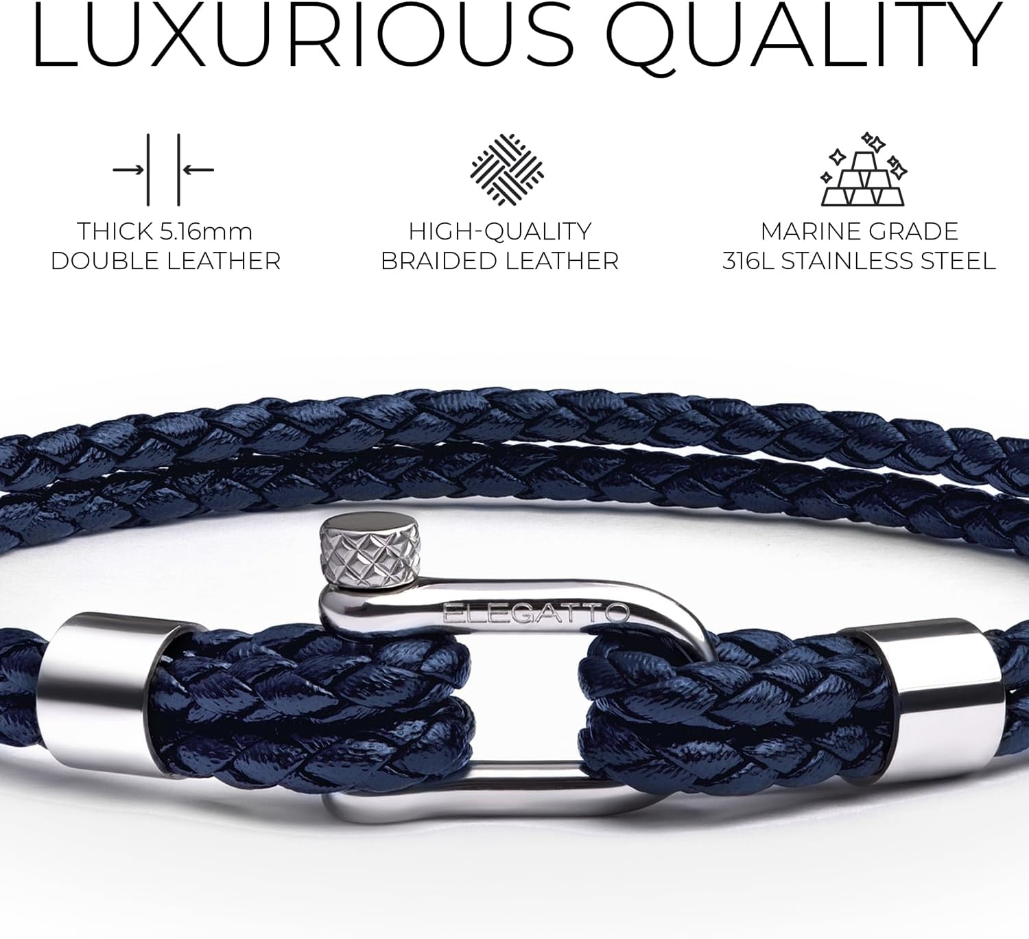 Elegatto Helix Premium Vintage Leather Bracelet for Men | Double Black Leather Strands with Sterling Silver Polished Mini Shackle Closure | Men’s Designer Jewelry - Image 3