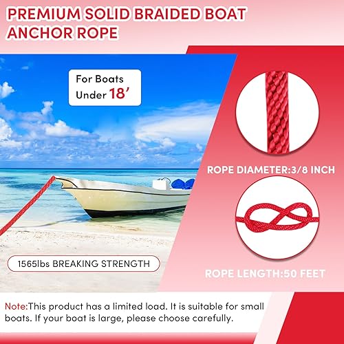 Vista 193 de Cuerda de anclaje premium de 100 pies x 3/8 pulgadas, cuerda marina de línea de anclaje MFP trenzada sólida con dedal y grillete, color negro