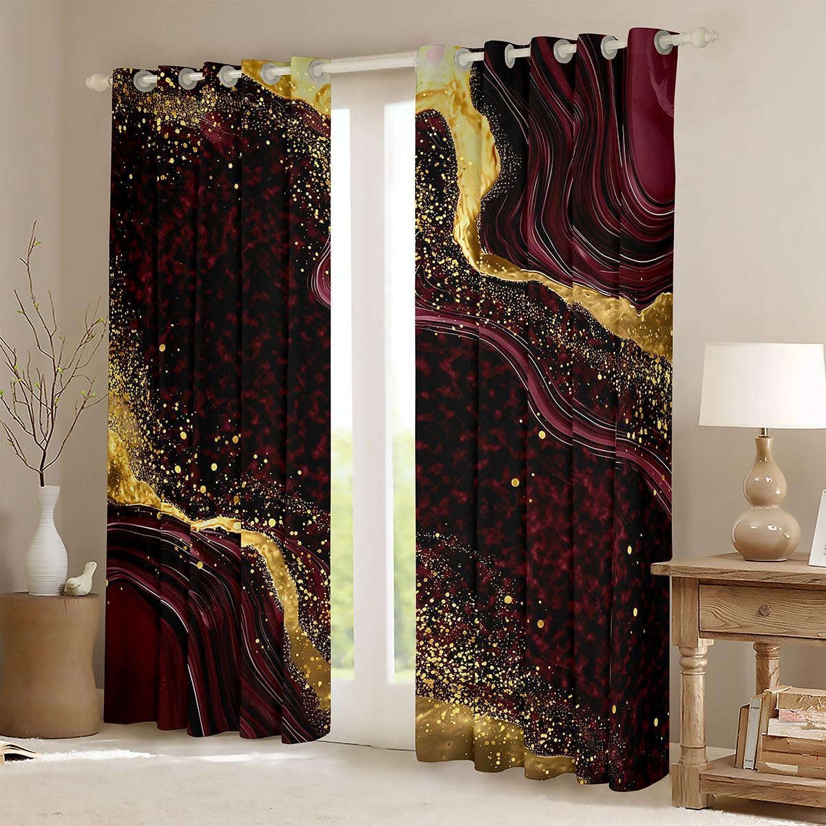 Feelyou Abstract Curtains for Bedroom Living Room Wine Blackout Darkening Drapes Geometric Window Treatments, 2 Panels 38 x 45 Inch Modern Art Room Decor Luxury image 2