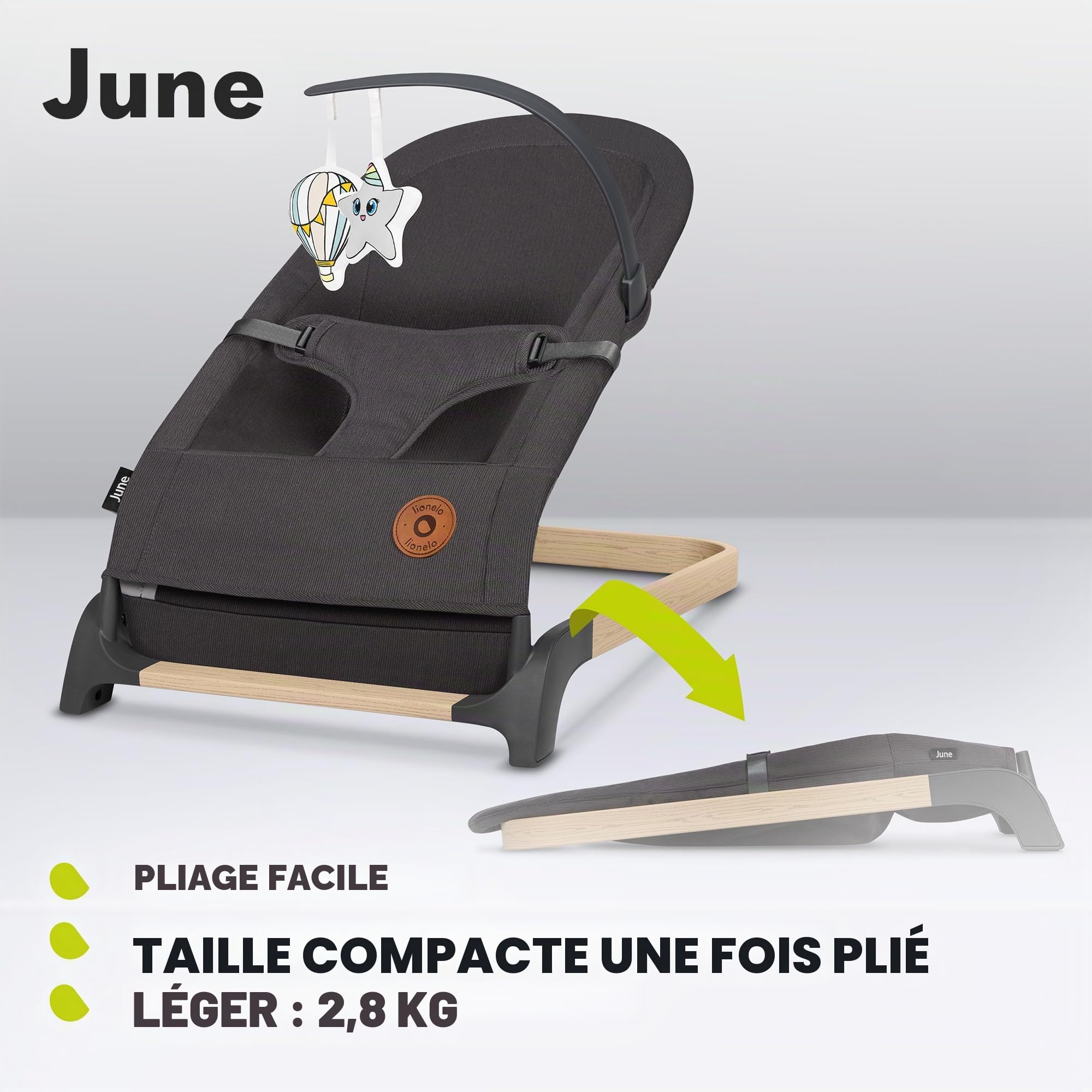 Lionelo June Transat pour nouveau-né jusqu'à 9 kg, chaise confortable avec mouvement apaisant naturel, soutien dorsal ergonomique, harnais de sécurité à 3 points, tissu doux respirant, léger et