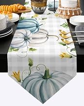 Kitchen Table Runner, Watercolor Pumpkins Thanksgiving Recipe Harvest Buffalo Check Elegant Dining Room Table Runners 13x90 Inch, Tablecloth for Coffee/Western/Dresser/Party/Wedding Decor
