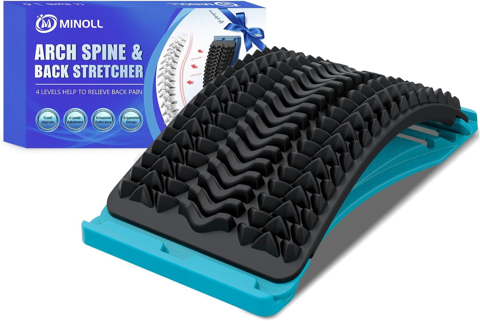 MINOLL Back Stretcher for Lower Back Pain Relief, 4 Level Adjustable Arch Lumbar Back Cracker Board, Back Cracking Device, Back Massager for Scoliosis, Spine Decompression Support - Dark Blue