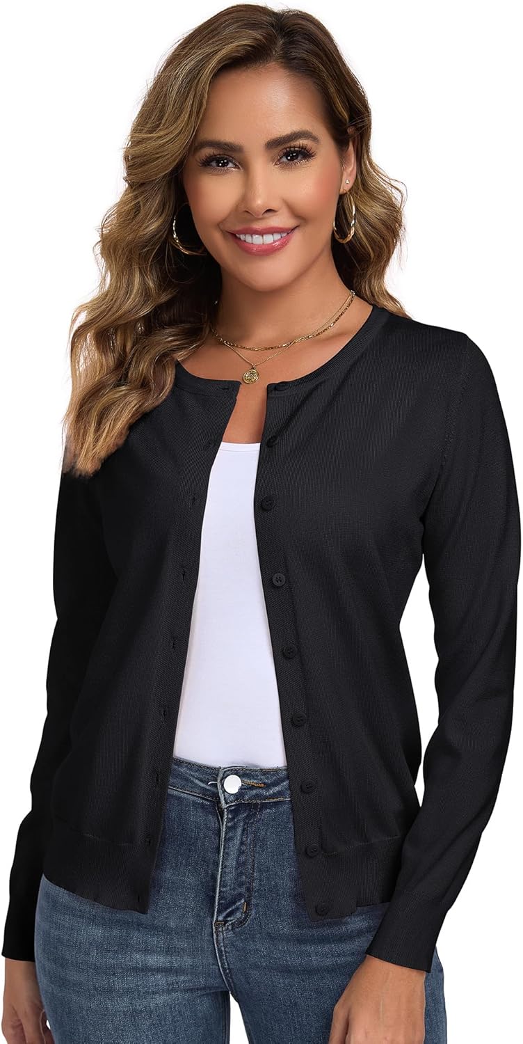 Cardigan Sweaters for Women Lightweigh Crew Neck Button Down Long Sleeve Sweaters Cardigans