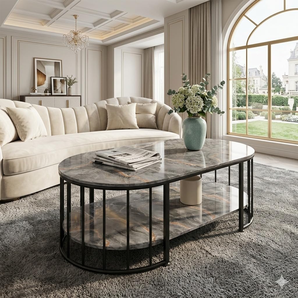 Rectangular Center Table Modern 2-Tier Coffee Table with Marble Finish Top Gold Metal Frame Stylish Sofa Table Elegant Cocktail for Living Room/Drawing/Dining Room (Black & Grey)-image-17