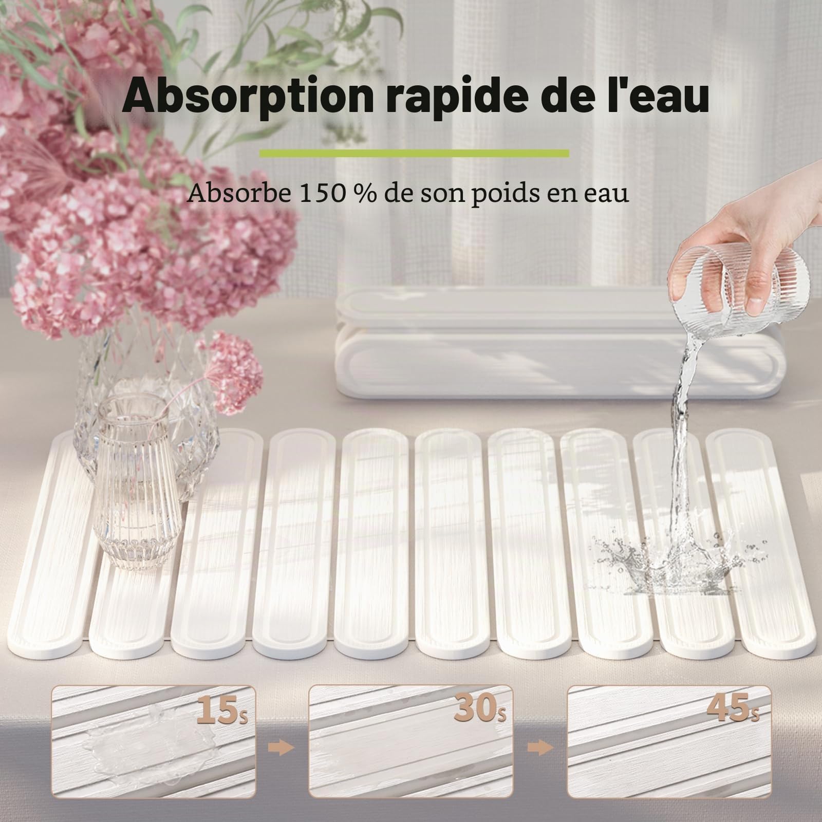 Tapis de séchage pour comptoir de cuisine, tapis de cuisine en pierre à séchage rapide pour vaisselle, bouteilles, tasses, grand tapis de séchage pliable en terre de diatomée