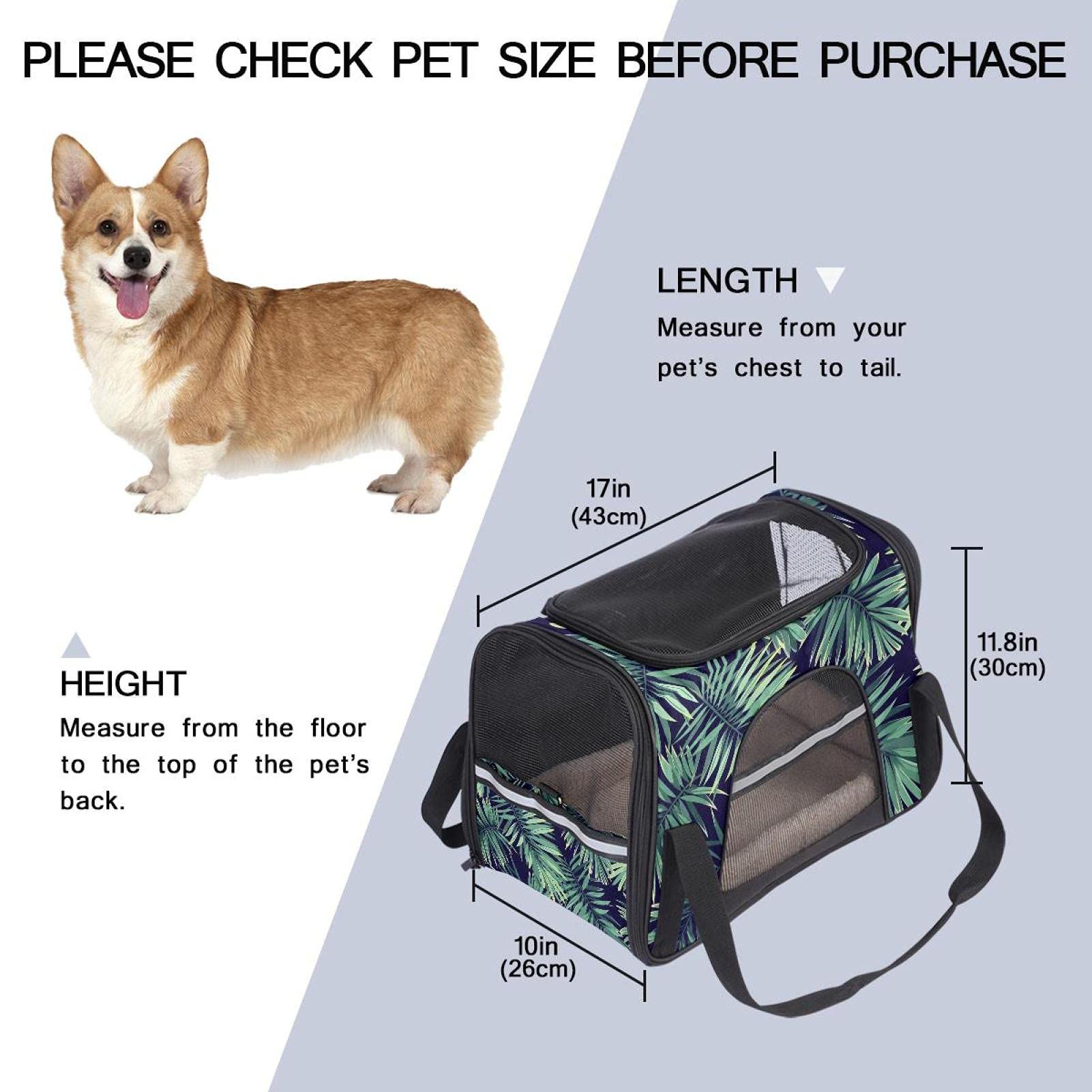 Jungle Tropical Palm Leaves Pet Carrier for Small Medium Dogs Cats Puppies, Airline Approved Pet Travel Carrier with Adjustable Shoulder Strap, 17x10x11.8 in