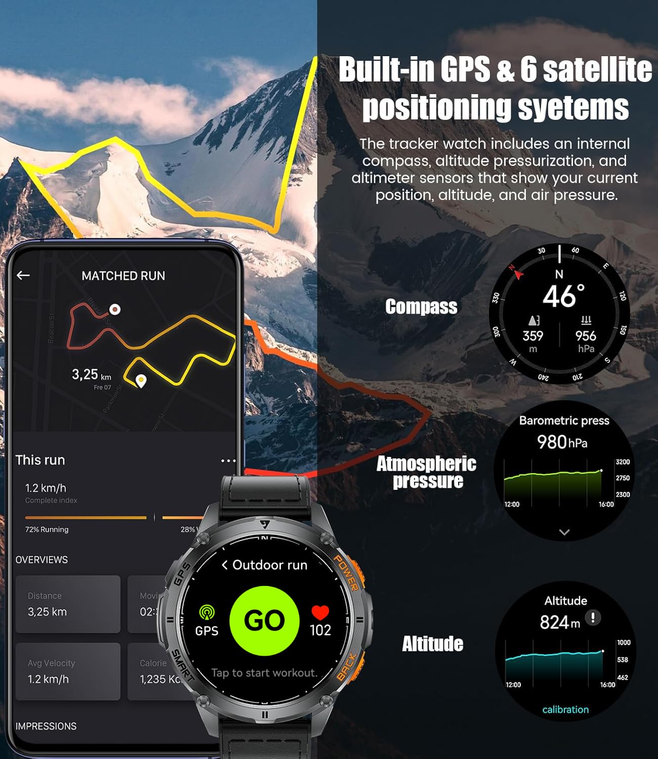 LIGE Integriertes GPS Smartwatch Herren, 1,43 Zoll AMOLED Smart Watch mit LED Taschenlampe for Android & iOS, 5ATM Wasserdicht, 300+ Zifferblätter, Kompass/Höhenmesser, 170+ Sportmodi, Graphitschwarz