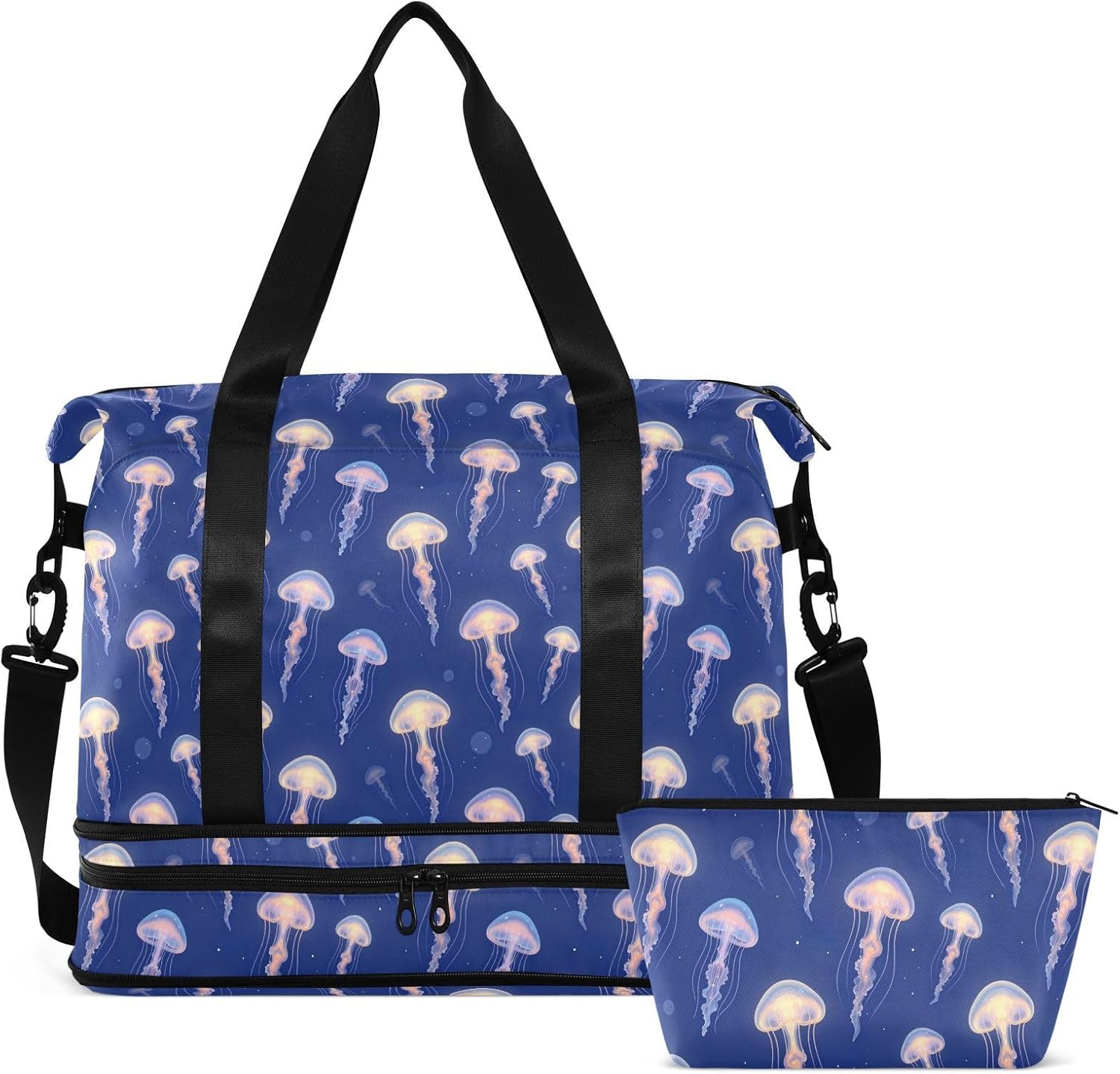 Multifunctional Tote Bag Jellyfish Blue Undermarine Gym Bag with Toiletry for Yoga
