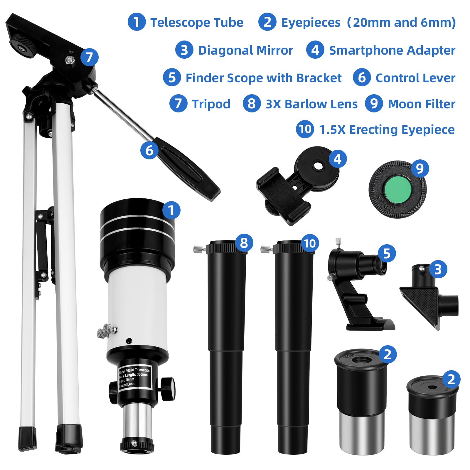 Telescopio Astronómicos para Adultos, Telescopios Refractores con Trípode, 70mm Apertura 300mm Telescope Portátil - Telescopios Refracción para Niños Principiantes,Con Barlow,Teléfono Soporte
