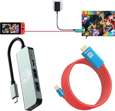 Switch USB C Hub&HDMI Adapter Charger Cable for Nintendo Switch/Switch OLED, 4in1 Port Portable Multiport TV Docking Station, 2M/6.6FT Portable Projector Screen 4K