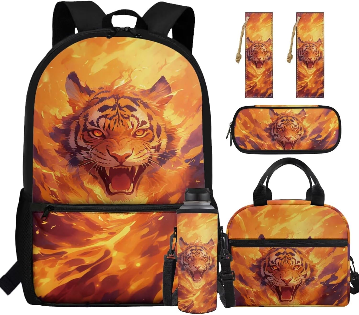 BIGCARJOB Tiger School Bags for Boys - Backpack Set with Lunch Cooler Bags - Back to School Pencil Case - Kids Water Bottle Carrier - Leather Bookmark - 5 Piece Large Bookbags Set for Elementary