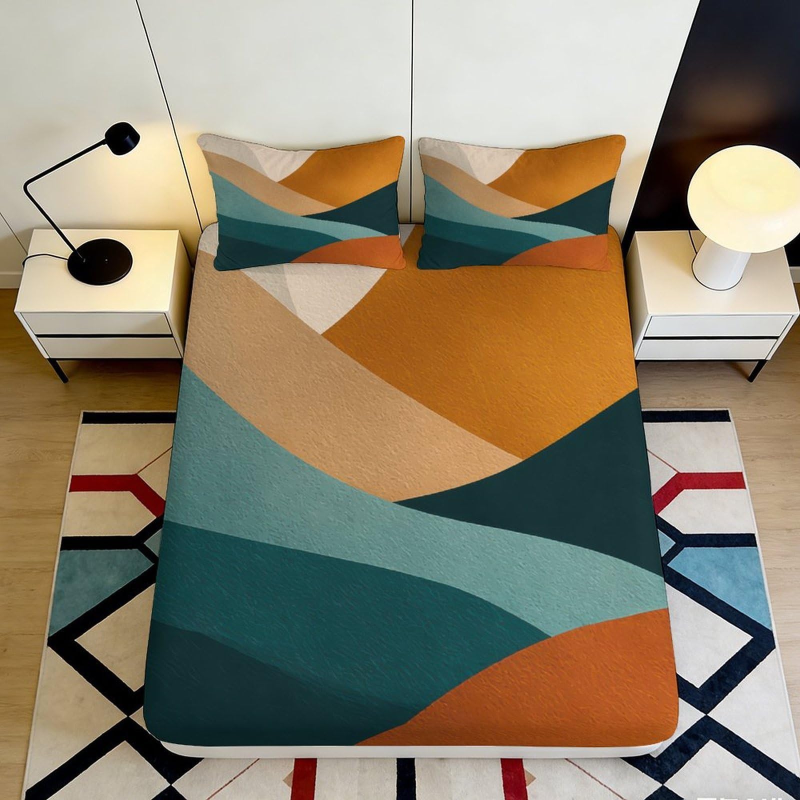 3D Printed Abstract Wave Fitted Sheet Microfiber Soft Durable Multicolor Bed Cover with Mattress Protection for Bedroom Dormitory and Guest Room 120x200x25cm