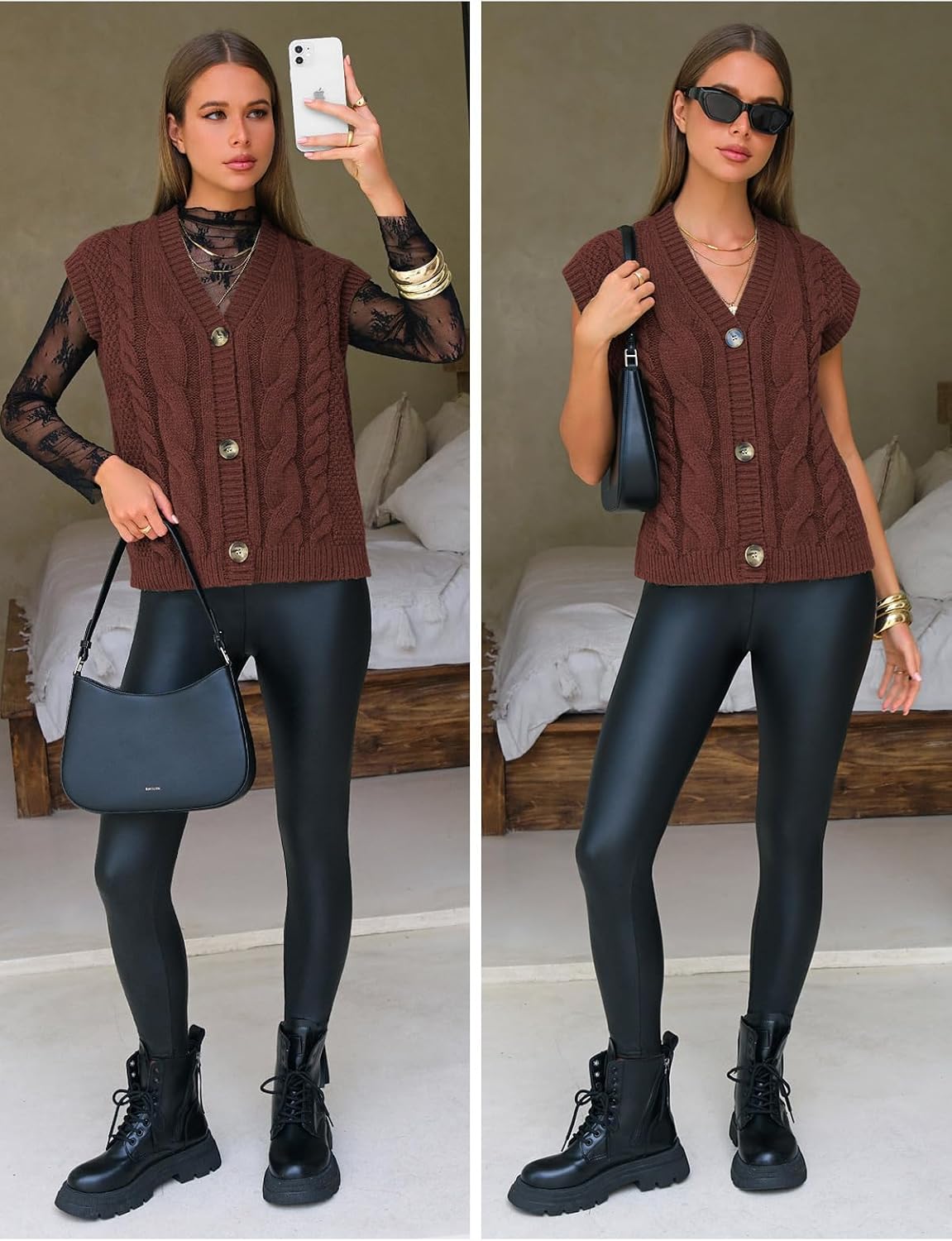 EXLURA Women's Fall Fashion Sweaters Vest Tops Sleeveless Button Down V Neck Chunky Cable Knit Cardigan Trendy Outfits 2025