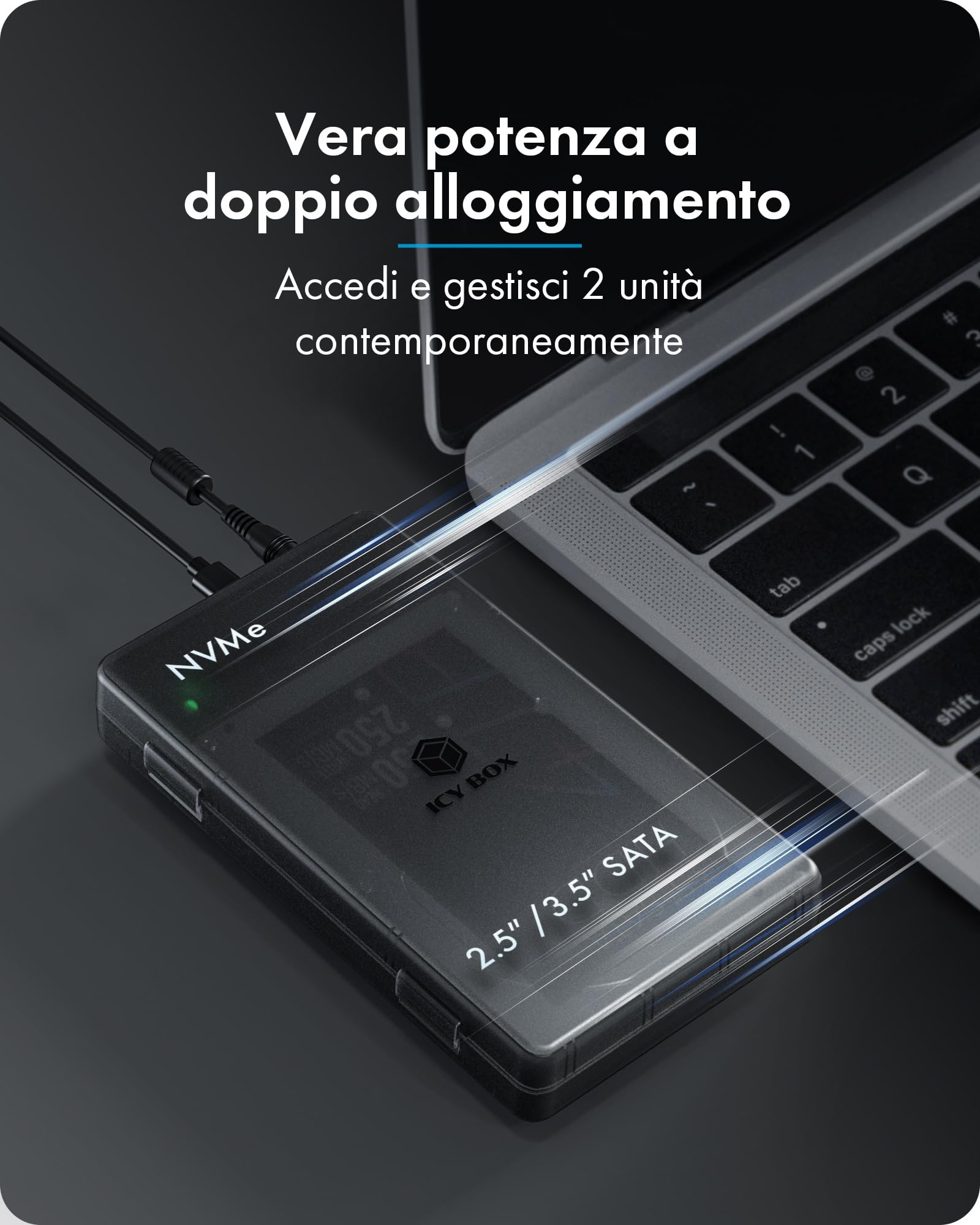 ICY BOX Spade Clone 3882 Docking Station e stazione di clonazione per SSD M.2 NVMe e HDD/SSD SATA 2,5"/3,5", USB-C 3.2 Gen 2 (10 Gbps), clonazione offline, HotSwap, IB-3882MSCL-CU31
