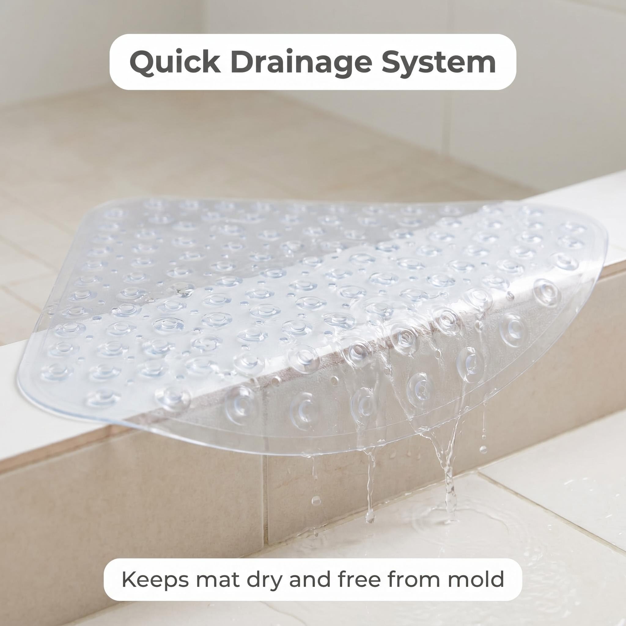 Tapis de douche d'angle antidérapant et anti-moisissure, 70 x 70 cm, en caoutchouc avec ventouses et trous de drainage, tapis de bain incurvé pour pièces humides (transparent)