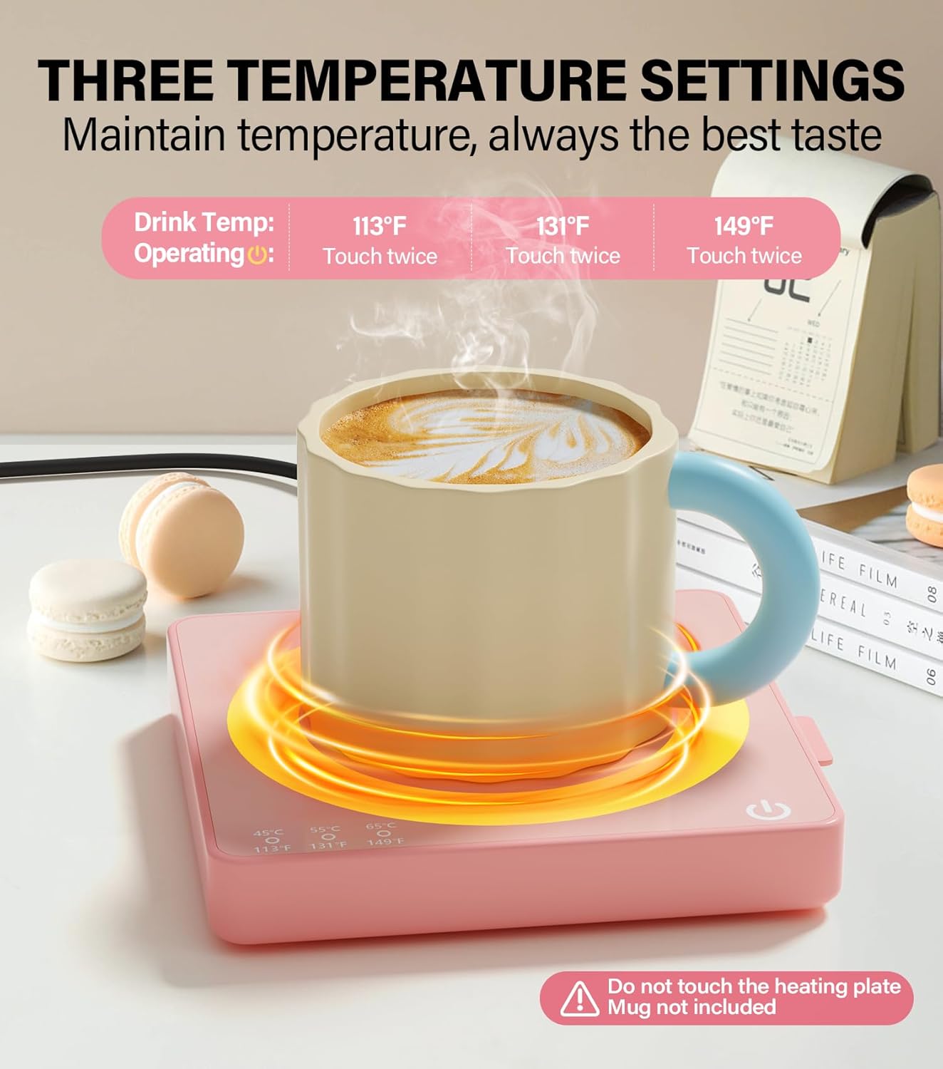 Pink Mug Warmer with 15W Wireless Charging, Coffee Cup Warmer for Desk Auto Shut Off, 3 Temp Settings, Smart Warmer Plate for Heating Coffee, Milk, Tea, Beverage, Candle, Women Gifts (No Cup)