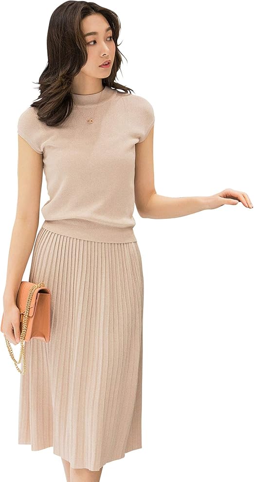 Amazon Co Jp Saison De Papillon 薄手 半袖 サマー ニット ハイネック リブ リブ編み Aライン ワンピース セットアップ ミモレ丈 ロング ヒザ下 プリーツ スカート レディース 無地 Mサイズ ピンクベージュ 服 ファッション小物