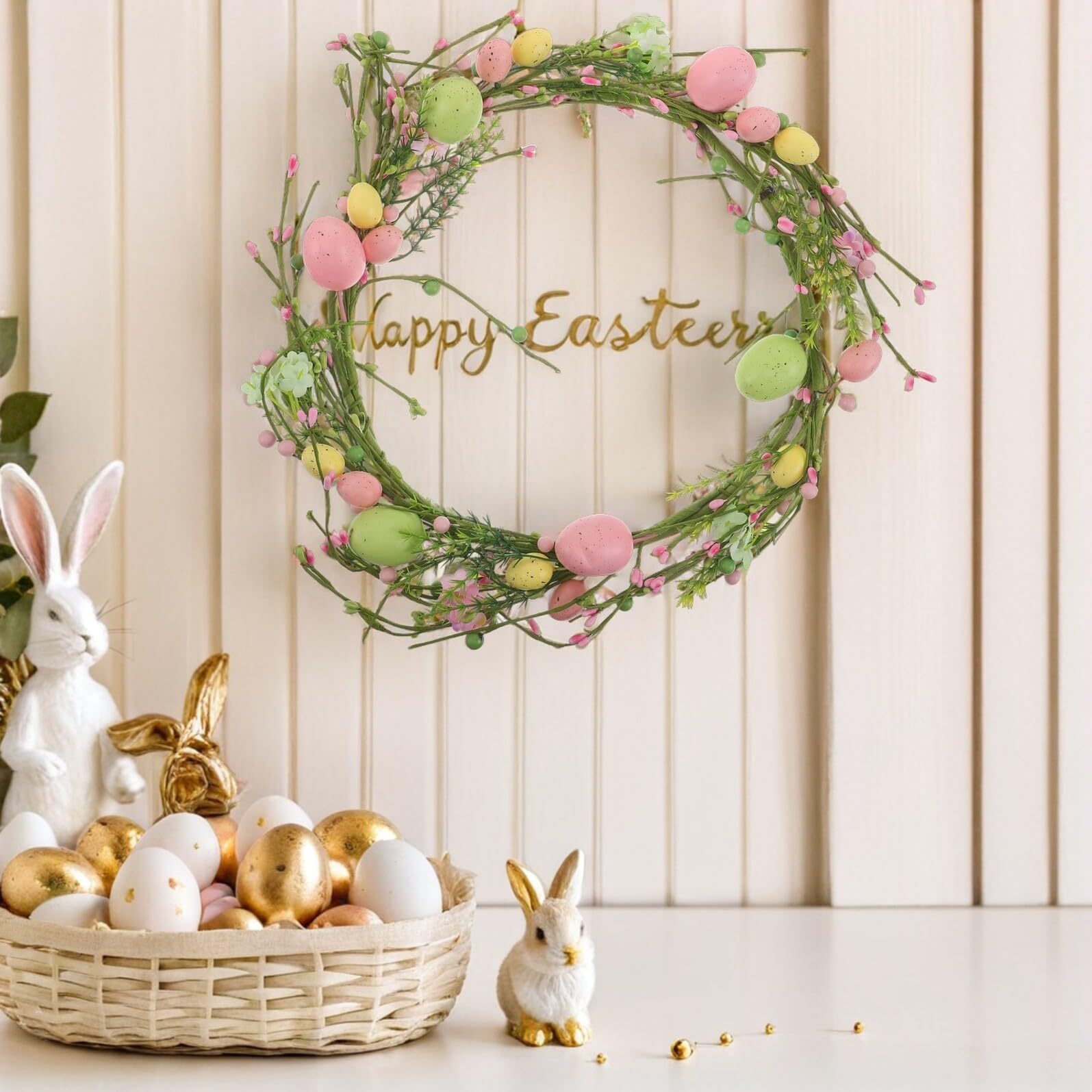 VICASKY Ghirlanda Pasquale Decorativa con Uova Primaverili e Bacche Artificiali, Ghirlanda da Appendere alla Porta per Feste e Decorazioni di Casa Interne ed Esterne, Decorazione Floreale