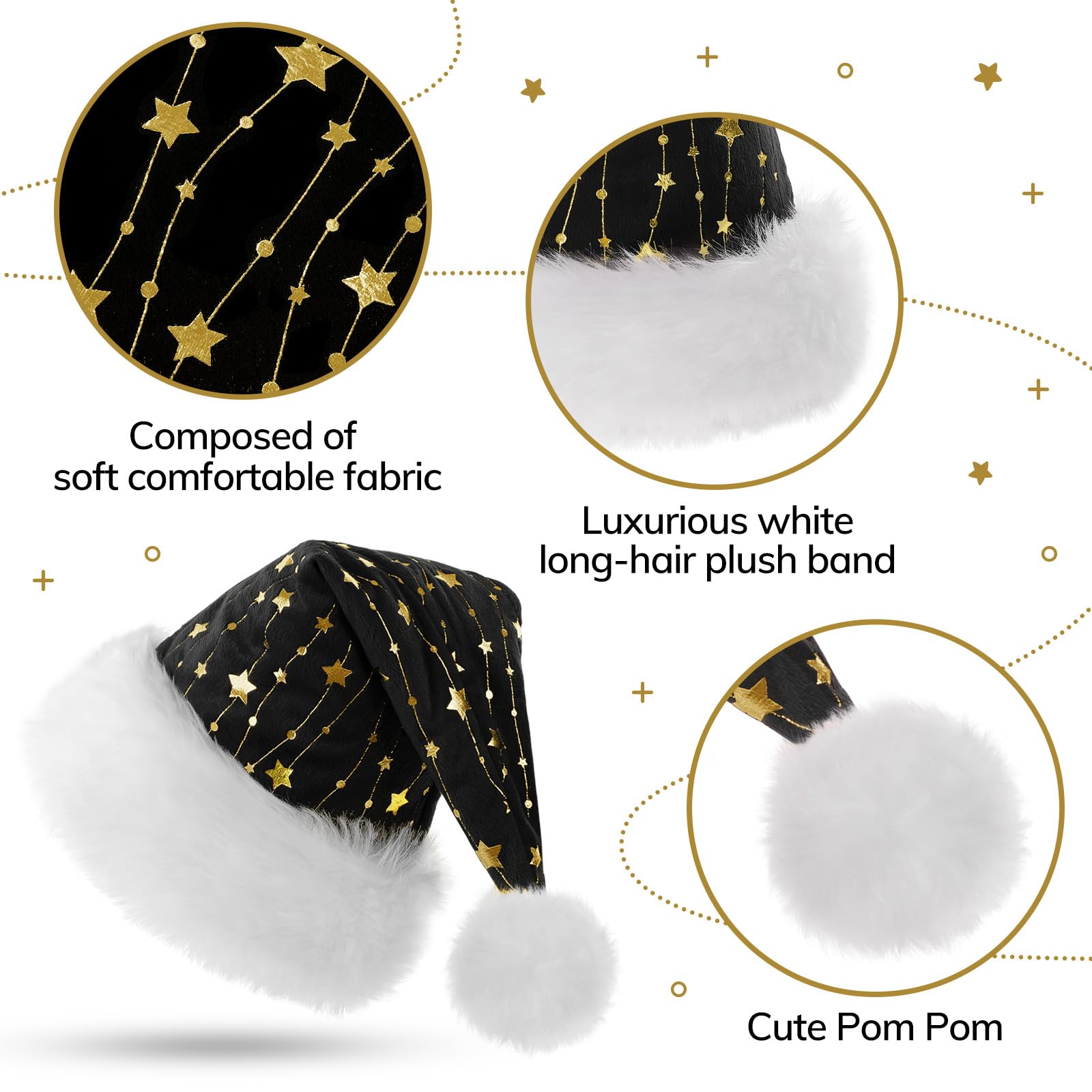 KONVINIT Black Santa Hat for Adults,Fluffy Christmas Hat with Gold Stars,Warm Large Xmas Hat for Men and Women,black - Image 4