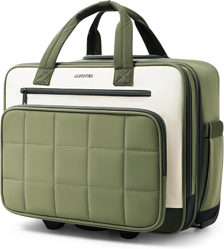 AUROTIER Rolling Puffer Laptop Bag, Rolling Briefcase for Women, Wheeled 16 Inch Computer Bag, Water Resistant Stylish Overnight Underseat Carry On Luggage with Wheels for Work Travel Business, Green