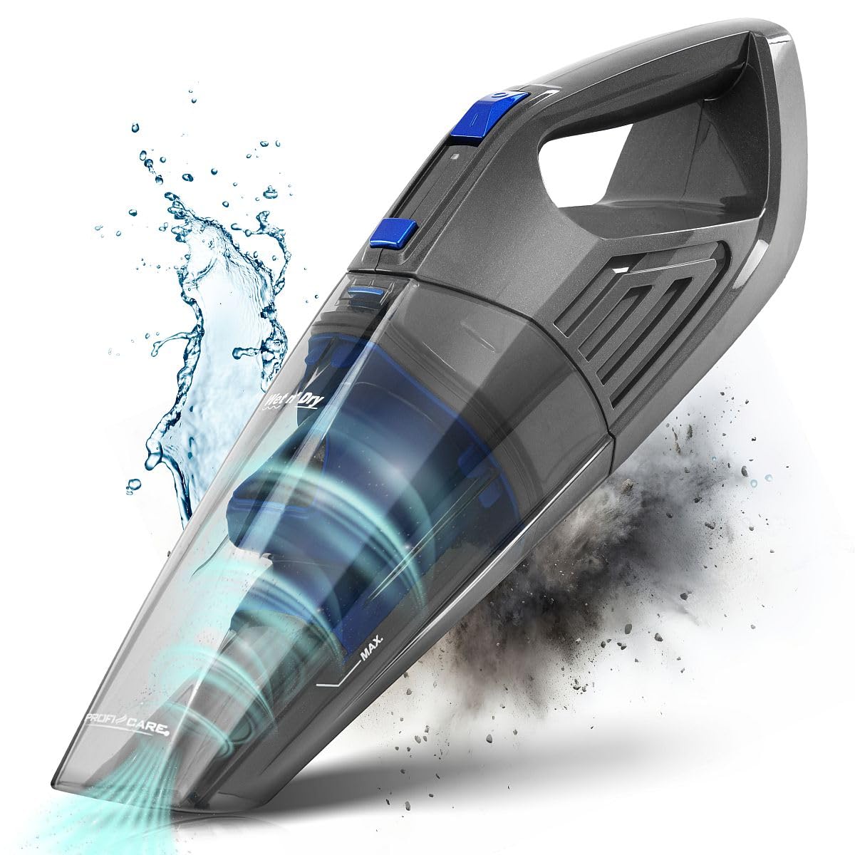 PROFI CARE PC-AKS 3034, 3034-Aspirapolvere, 2 in 1, per Bagnato e Secco in Uno, Adatto a Tutte Le superfici, Potente Batteria agli ioni di Litio da 14,8 V, Colore, Alluminio, Blu-Antracite