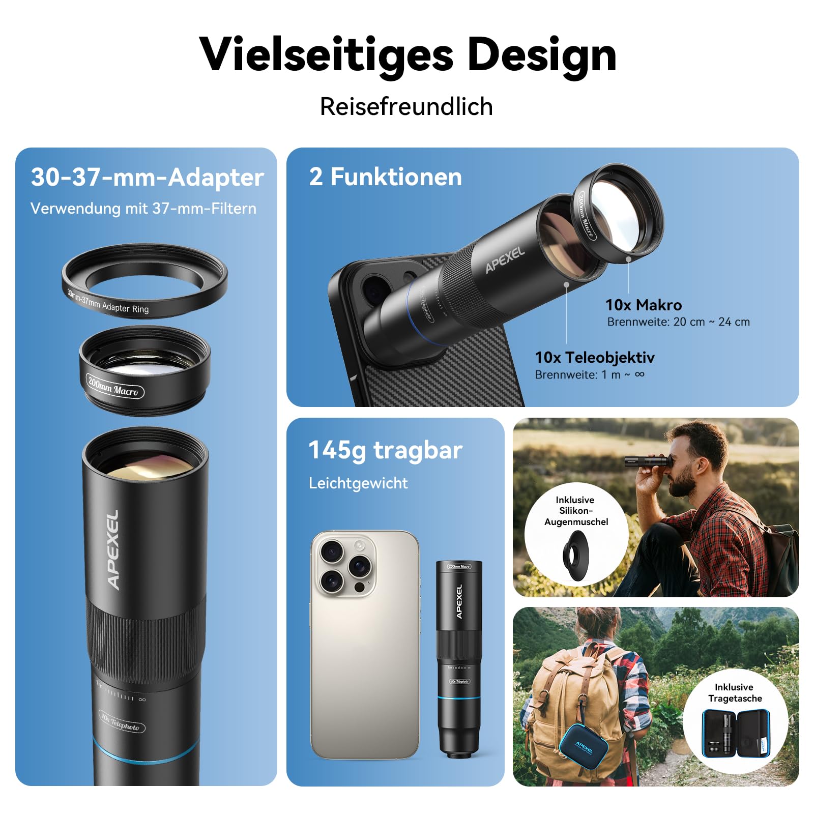 APEXEL Kompaktes 10x-Teleobjektiv für Smartphone & 200-mm-Makroobjektiv mit Spezielle Handyhülle, Professionelles FMC ED-Handy Objektiv, Geeignet für iPhone 15 Pro Max