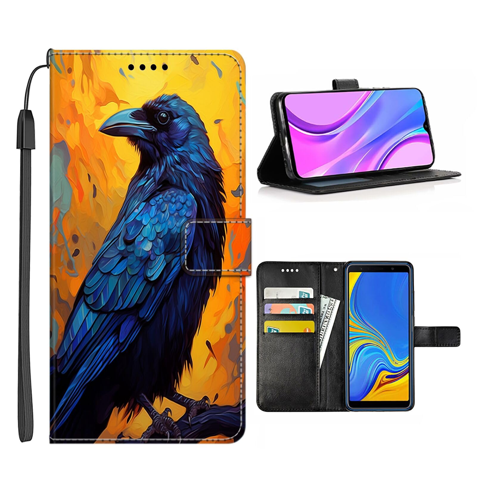 DAFEI Wallet Case for Samsung Galaxy S23 5G Wallet Case with Raven-Art cc28 Pattern PU Leather Flip Folio ID&Credit Cards Pocket Lanyard Multicolor