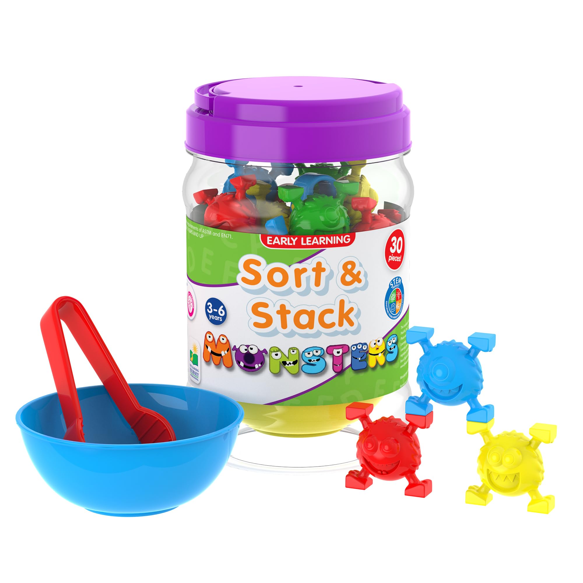 The Learning Jounrey: Sort & Stack Monsters -24 Monsters, Four Sorting Bowls, and Two Tongs - Develop Color Recognition & Fine Motor Skills - Aware Winning Toys