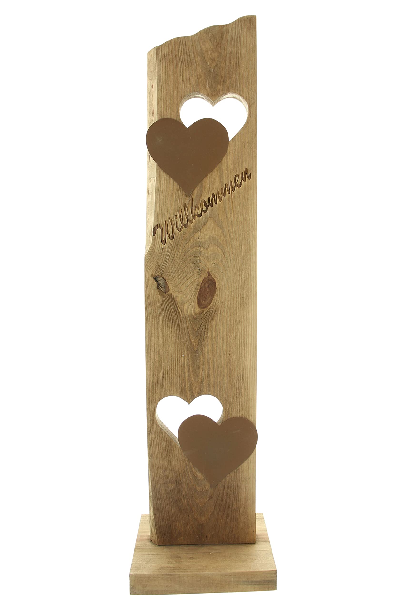 FRANK FLECHTWAREN Holzdeko, Willkomensschild, Dekosäule Willkommen, Holz in natürlichem Braunton, dekorative Metallherzen, Moderne Rostoptik, stabile Ausführung, Maße: Höhe 80 cm