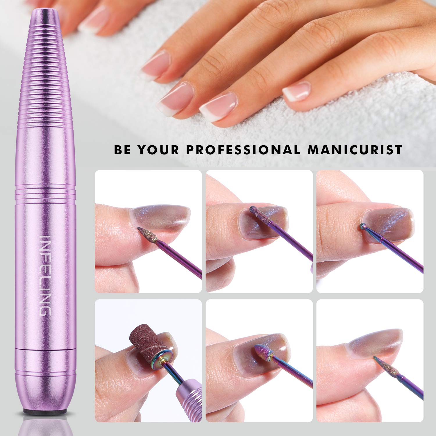 Electric Nail Drill Machine - Portable Nail Drill Kit for Acrylic Nails, INFELING Professional Nail File Drill Set Manicure Pedicure Tool Set for Home Salon, Purple