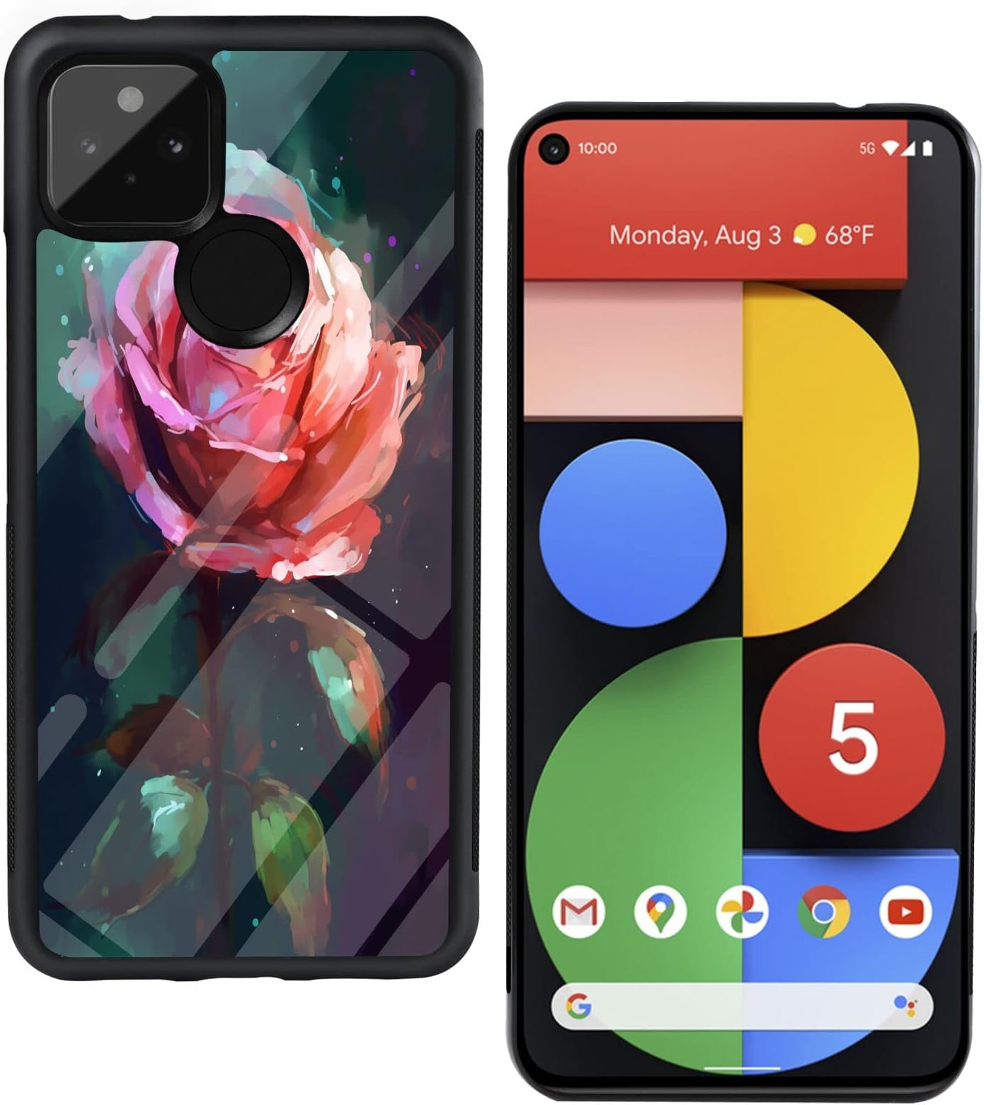 Phone Case Compatible with Google Pixel 5 Designer Roses Flower Art-22 Black Frame Shockproof and Slim Rubber TPU Material with Uniqe Design