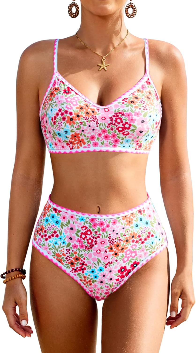 XUNYU High Waisted Bikini Sets for Women Tummy Control Swimsuits Full Coverage 2 Piece Bathing Suit Modest Swimwear Cute Teen