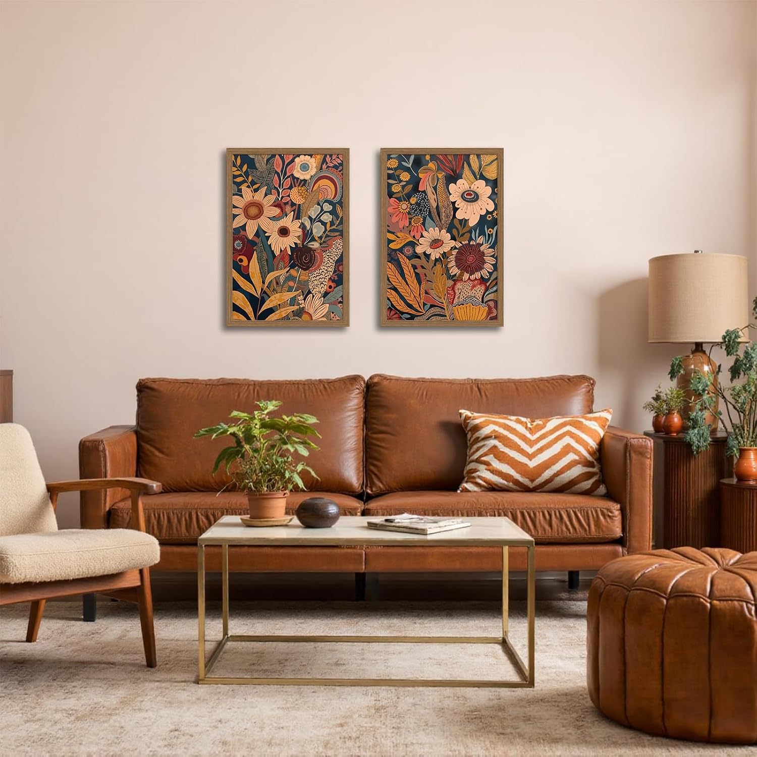 2pcs Orange Flower Framed Canvas Wall Art Set Rural Bohemian Natural Style Canvas Painting Mid Century Modern Floral Botanical Wall Deco For Living Room,Bedroom,Office 12x16in image 2