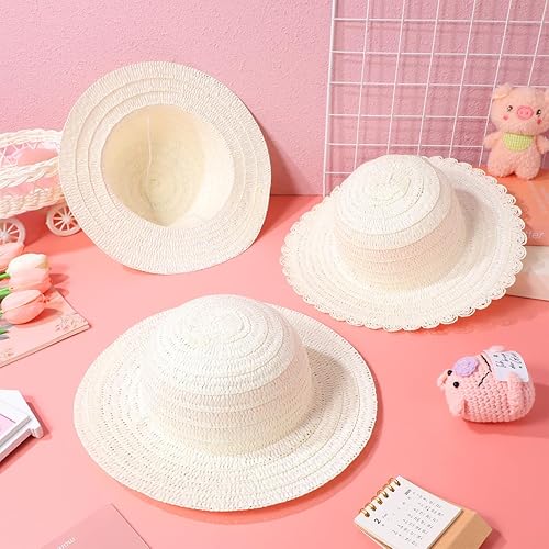 Miniatura 8 de Gadpiparty 16 piezas DIY sombrero de paja juguetes niña sombreros de paja lisos para niños Suite hecho a sí mismo hierba natural niña niño blanco