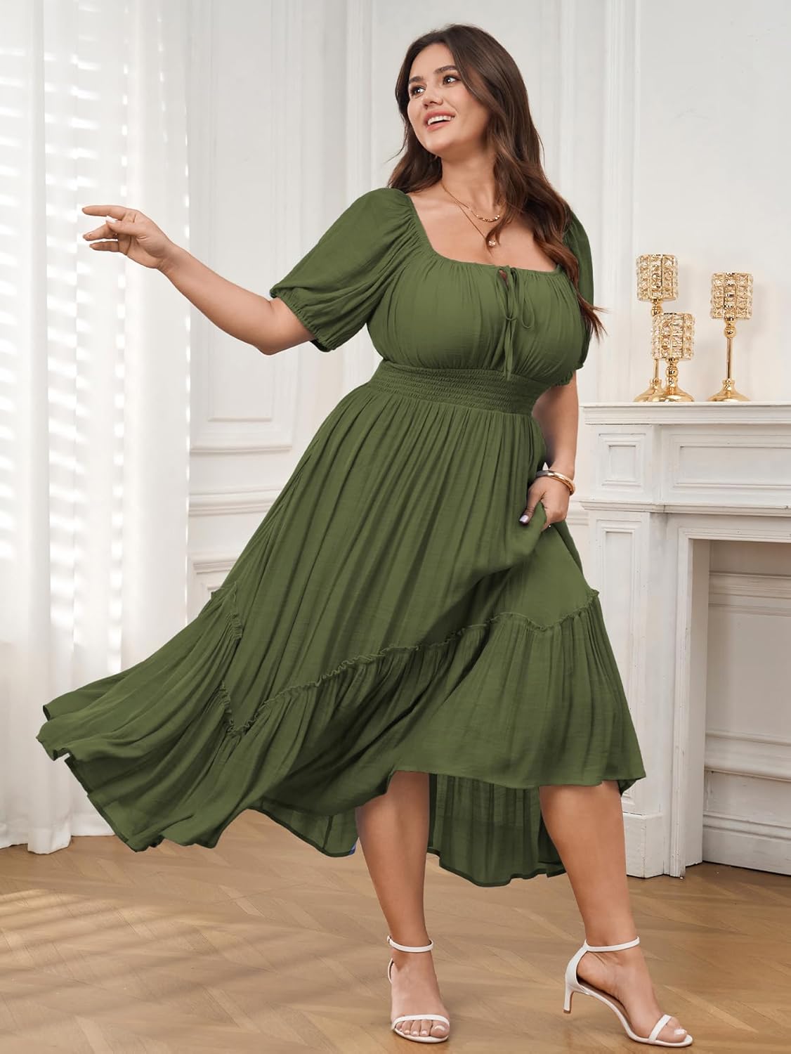 Women's Plus Size Dress Short Sleeve Square Neck Tie Front Ruffle Hem Boho Maxi Milkmaid Dress - Image 5