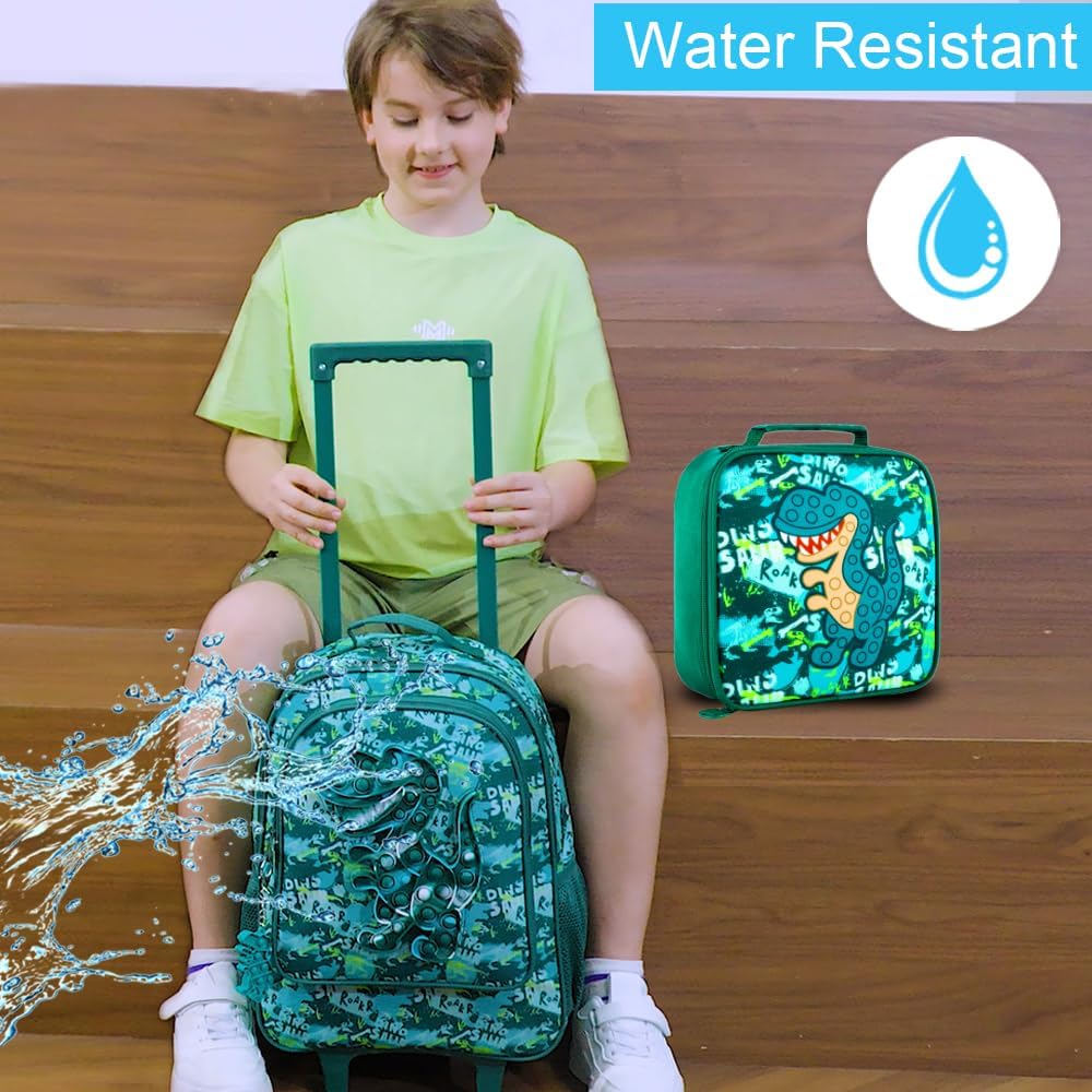 WZLVO 4PCS Rolling Backpack for Boys,Kids Dinosaur Backpacks with Roller Wheels, Wheeled Bookbag with Lunch Box for Toddler Elementary School