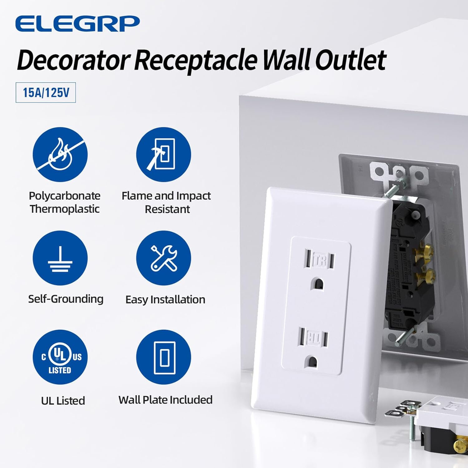 ELEGRP Decorator Receptacle, 15A 125V Standard Electrical Wall Outlet, Non-TR, 2 Pole 3 Wire, Self-Grounding Residential Grade, Screwless Wall Plate Included, UL Listed (20 Pack, Glossy White)