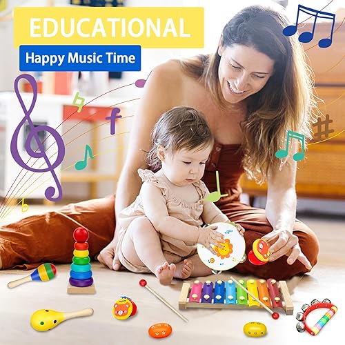 Miniatura 4 de Juguetes musicales para bebés de 3 a 5 años, juego de instrumentos musicales de madera, tambor de percusión, xilófono, maracas, pandereta, 12 piezas